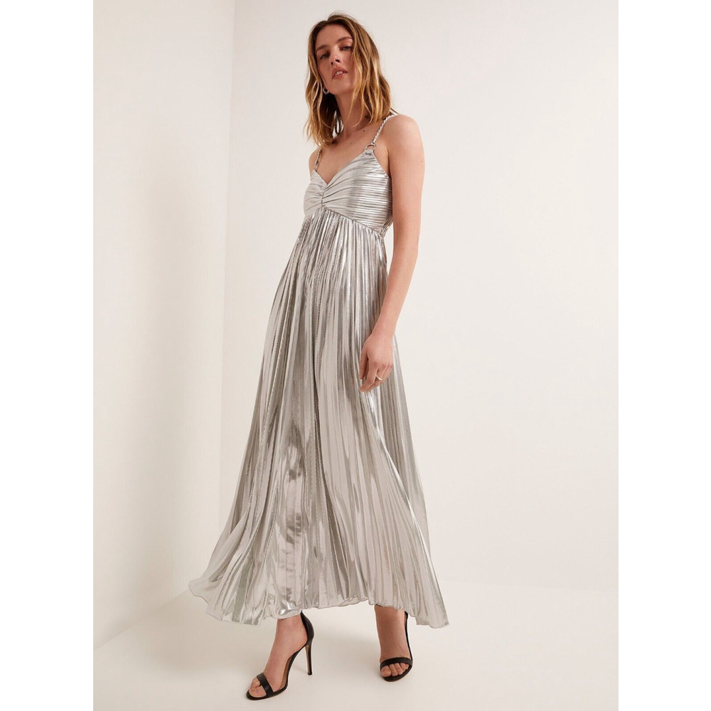Michael Kors Silver Metallic Pleated Maxi Dress